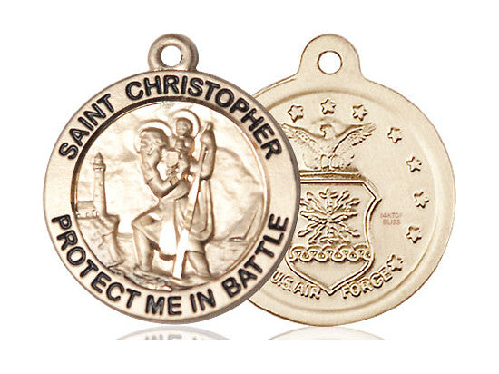 Large St. Christopher Air Force Medal - 14kt Gold 1" x 7/8" Round Pendant (1174)