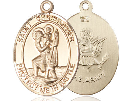 St. Christopher Army Medal - 14kt Gold Oval Pendant (2 Sizes)