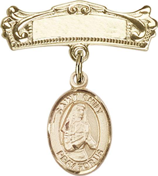 Personalized Baby Badge - Engraved Badge Pin with St. Emily de Vialar Charm
