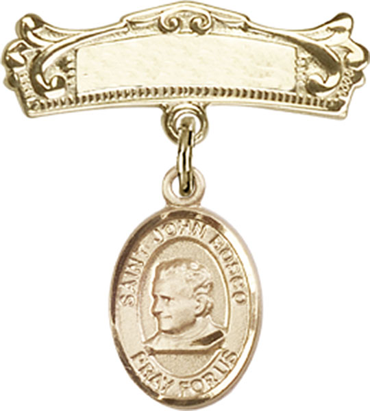 Personalized Baby Badge - Engraved Badge Pin with St. John Bosco Charm