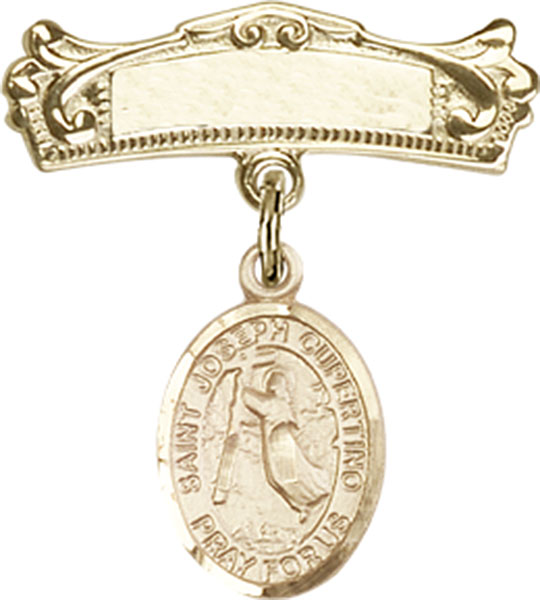 Personalized Baby Badge - Engraved Badge Pin with St. Joseph of Cupertino Charm