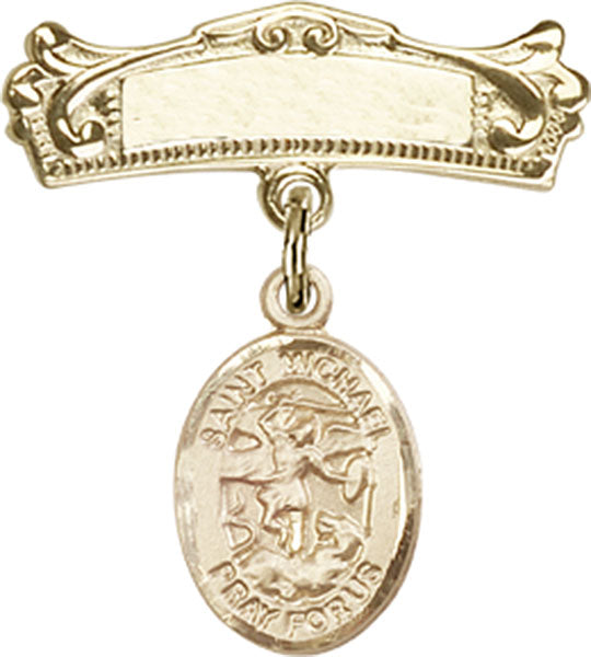 Personalized Baby Badge - Engraved Badge Pin with St. Michael the Archangel Charm