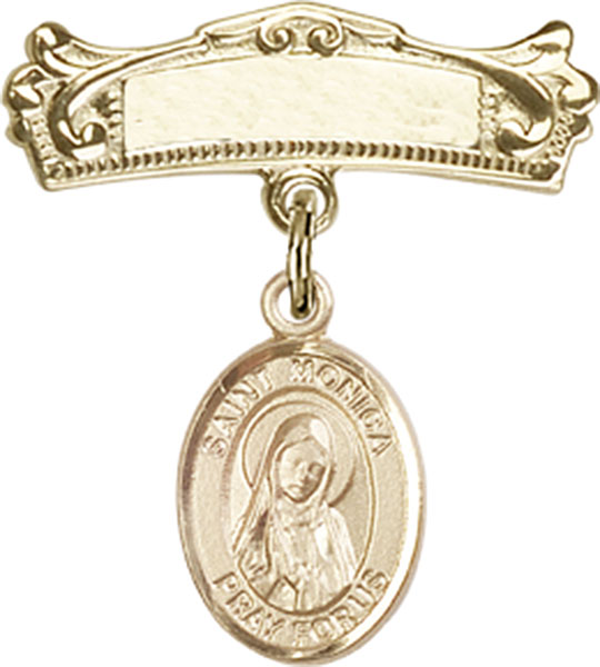 Personalized Baby Badge - Engraved Badge Pin with St. Monica Charm