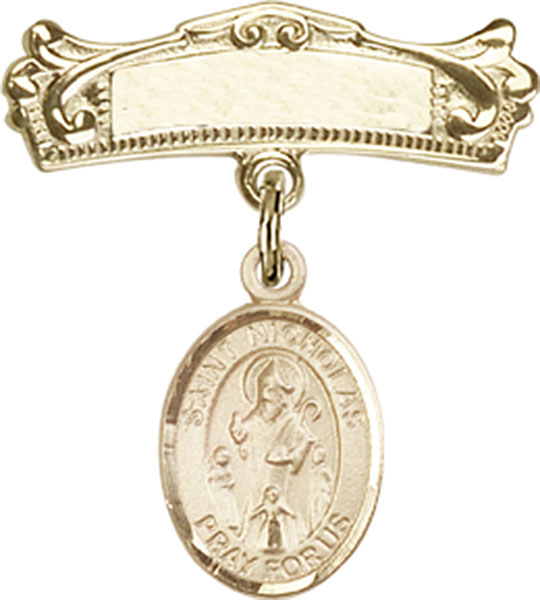 Personalized Baby Badge - Engraved Badge Pin with St. Nicholas Charm