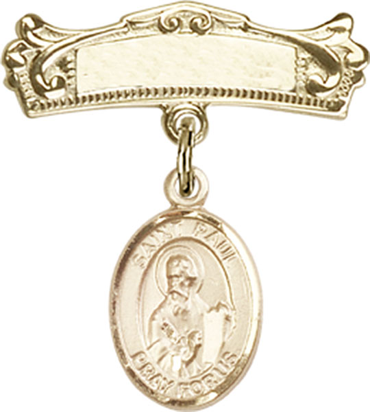 Personalized Baby Badge - Engraved Badge Pin with St. Paul the Apostle Charm