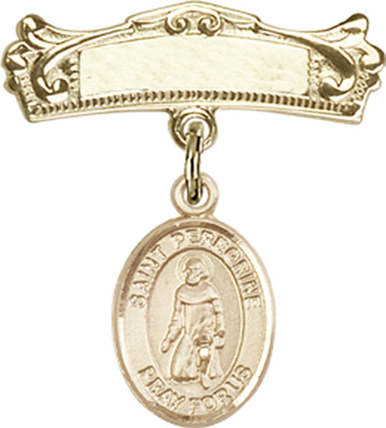 Personalized Baby Badge - Engraved Badge Pin with St. Peregrine Laziosi Charm