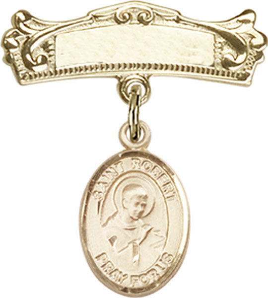Personalized Baby Badge - Engraved Badge Pin with St. Robert Bellarmine Charm