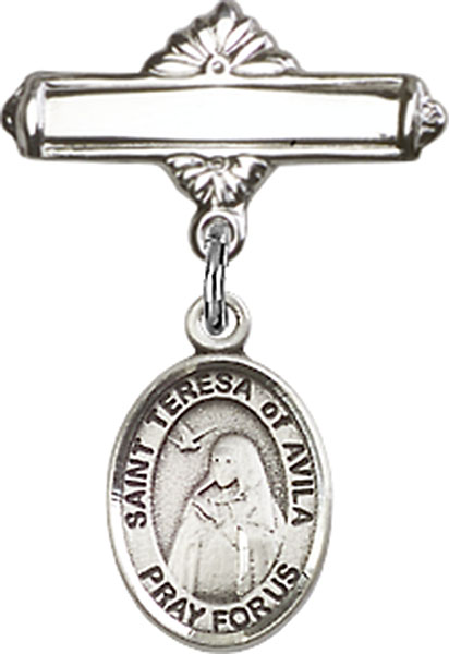 Personalized Baby Badge - Engraved Badge Pin with St. Teresa of Avila Charm