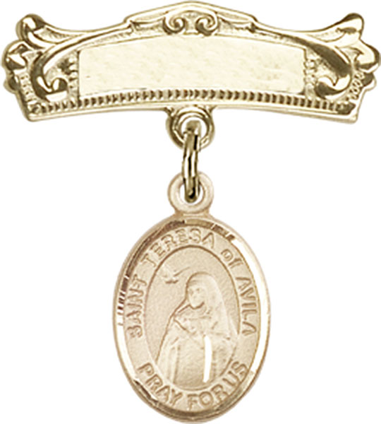 Personalized Baby Badge - Engraved Badge Pin with St. Teresa of Avila Charm