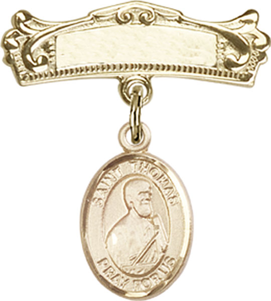 Personalized Baby Badge - Engraved Badge Pin with St. Thomas the Apostle Charm
