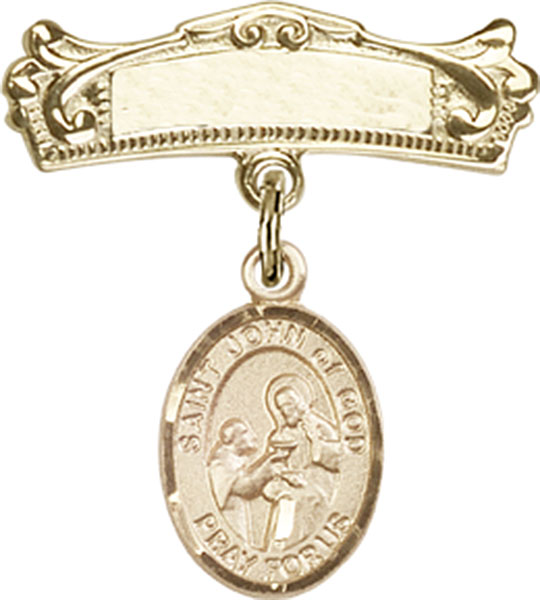 Personalized Baby Badge - Engraved Badge Pin with St. John of God Charm