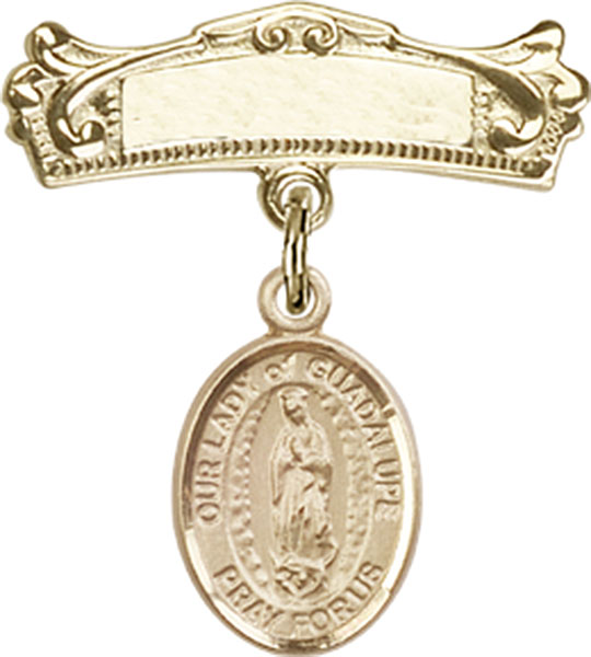 Personalized Baby Badge - Engraved Badge Pin with Our Lady of Guadalupe Charm
