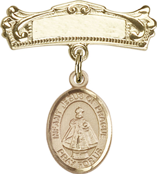 Personalized Baby Badge - Engraved Badge Pin with Infant of Prague Charm