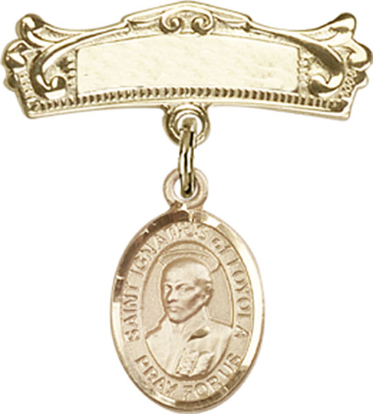 Personalized Baby Badge - Engraved Badge Pin with St. Ignatius of Loyola Charm
