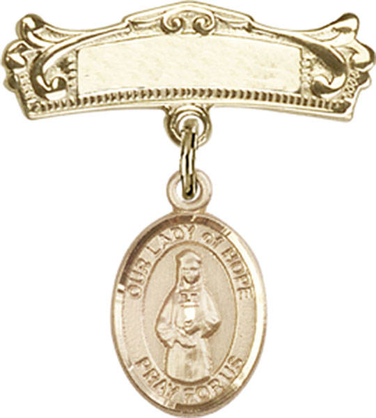 Personalized Baby Badge - Engraved Badge Pin with Our Lady of Hope Charm