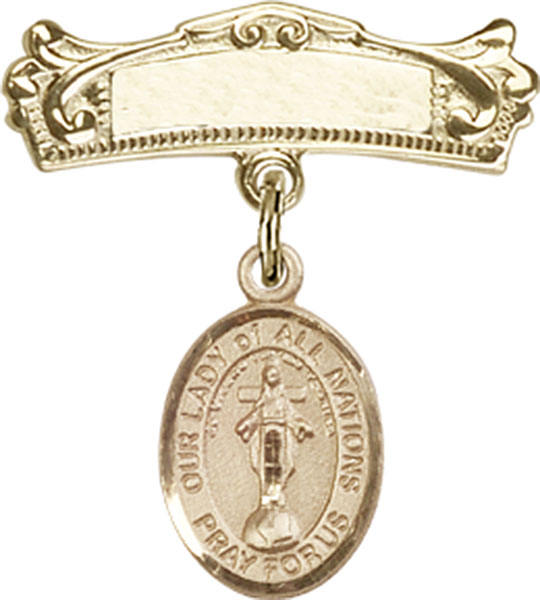 Personalized Baby Badge - Engraved Badge Pin with Our Lady of All Nations Charm