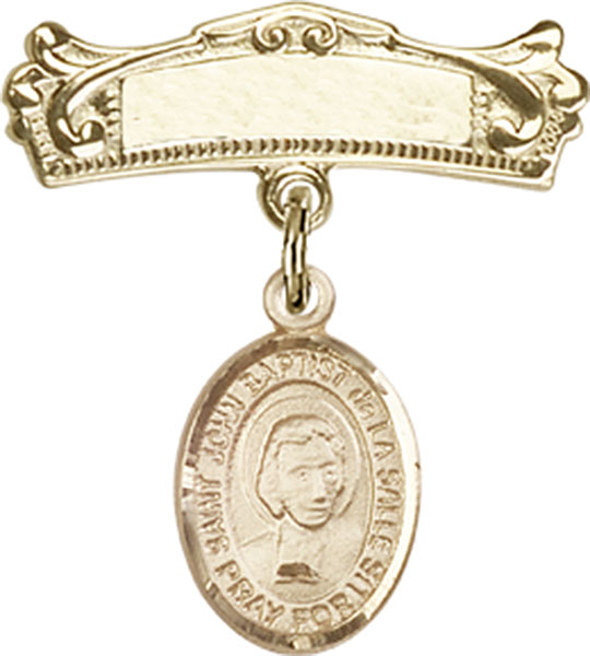Personalized Baby Badge - Engraved Badge Pin with St. John Baptist de la Salle Charm