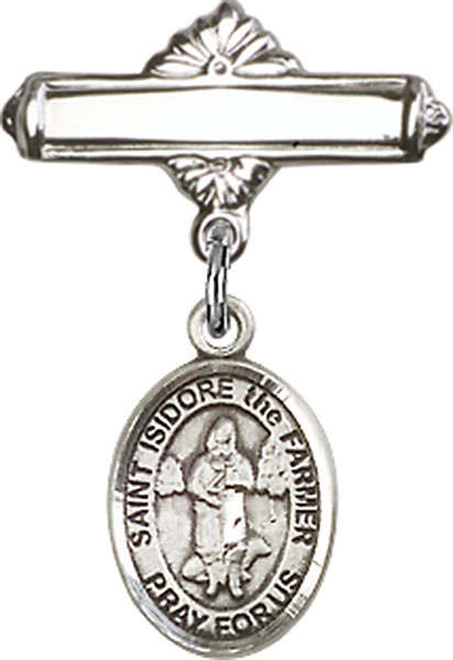 Personalized Baby Badge - Engraved Badge Pin with St. Isidore the Farmer Charm
