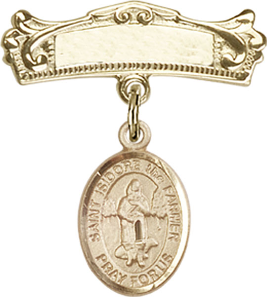 Personalized Baby Badge - Engraved Badge Pin with St. Isidore the Farmer Charm