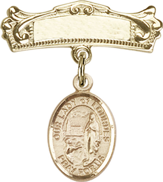 Personalized Baby Badge - Engraved Badge Pin with Our Lady of Lourdes Charm
