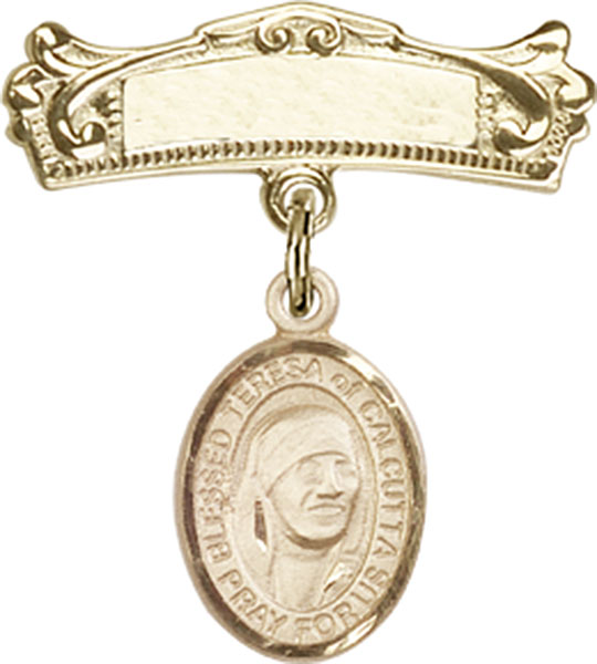 Personalized Baby Badge - Engraved Badge Pin with St. Teresa of Calcutta Charm