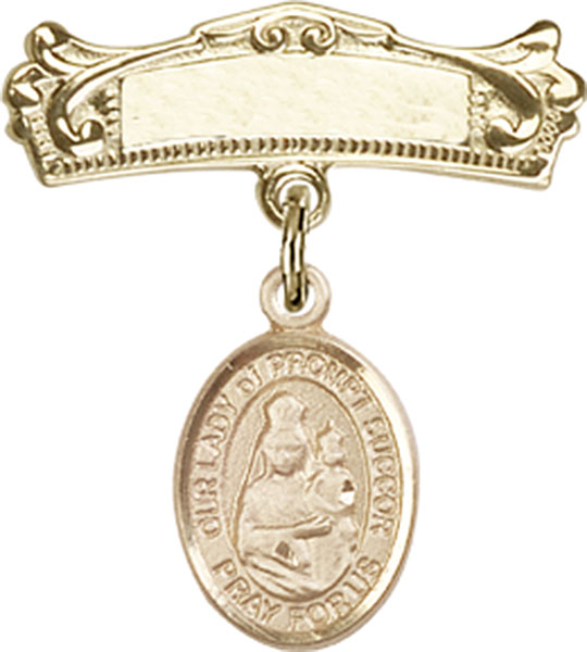 Personalized Baby Badge - Engraved Badge Pin with Our Lady of Prompt Succor Charm