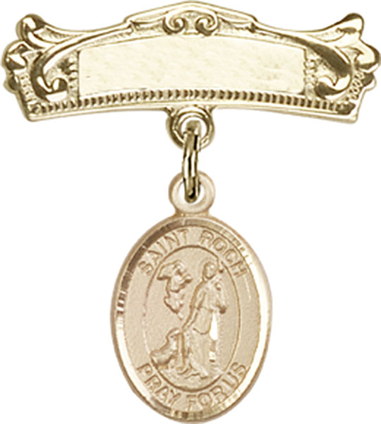 Personalized Baby Badge - Engraved Badge Pin with St. Roch Charm