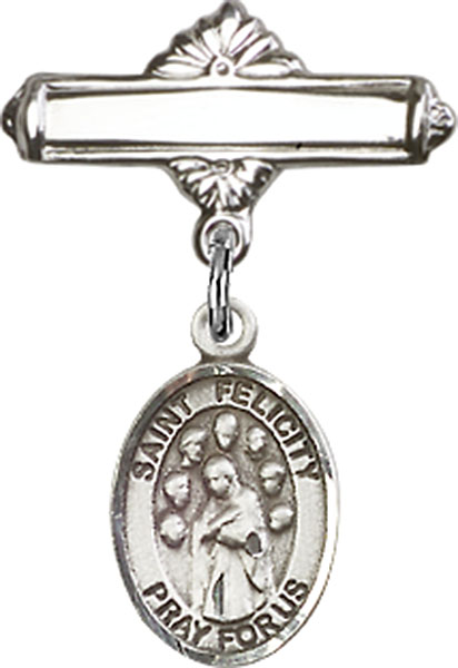 Personalized Baby Badge - Engraved Badge Pin with St. Felicity Charm