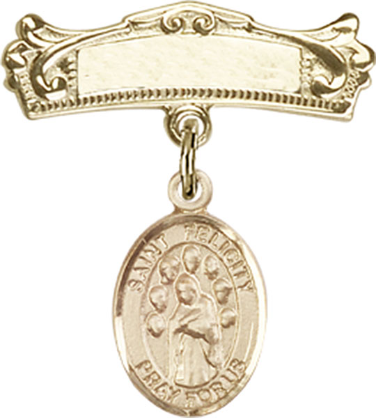 Personalized Baby Badge - Engraved Badge Pin with St. Felicity Charm