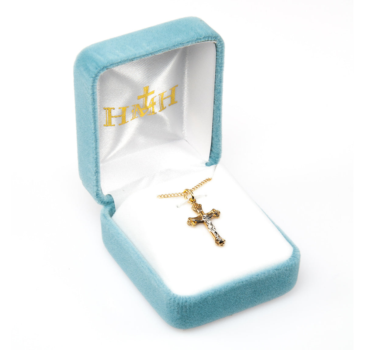 Tapered Two Tone Crucifix Necklace - 16kt Gold Over Sterling Silver Pendant on 18" Stainless Chain (GS3859TT18)
