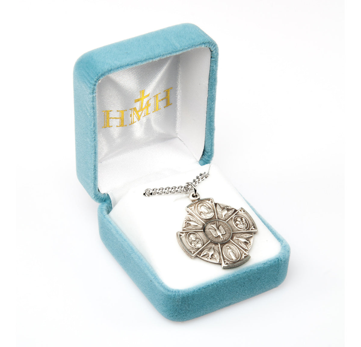 Round Holy Spirit 5-Way Medal Necklace - Sterling Silver Pendant on 24" Stainless Chain (S145324)