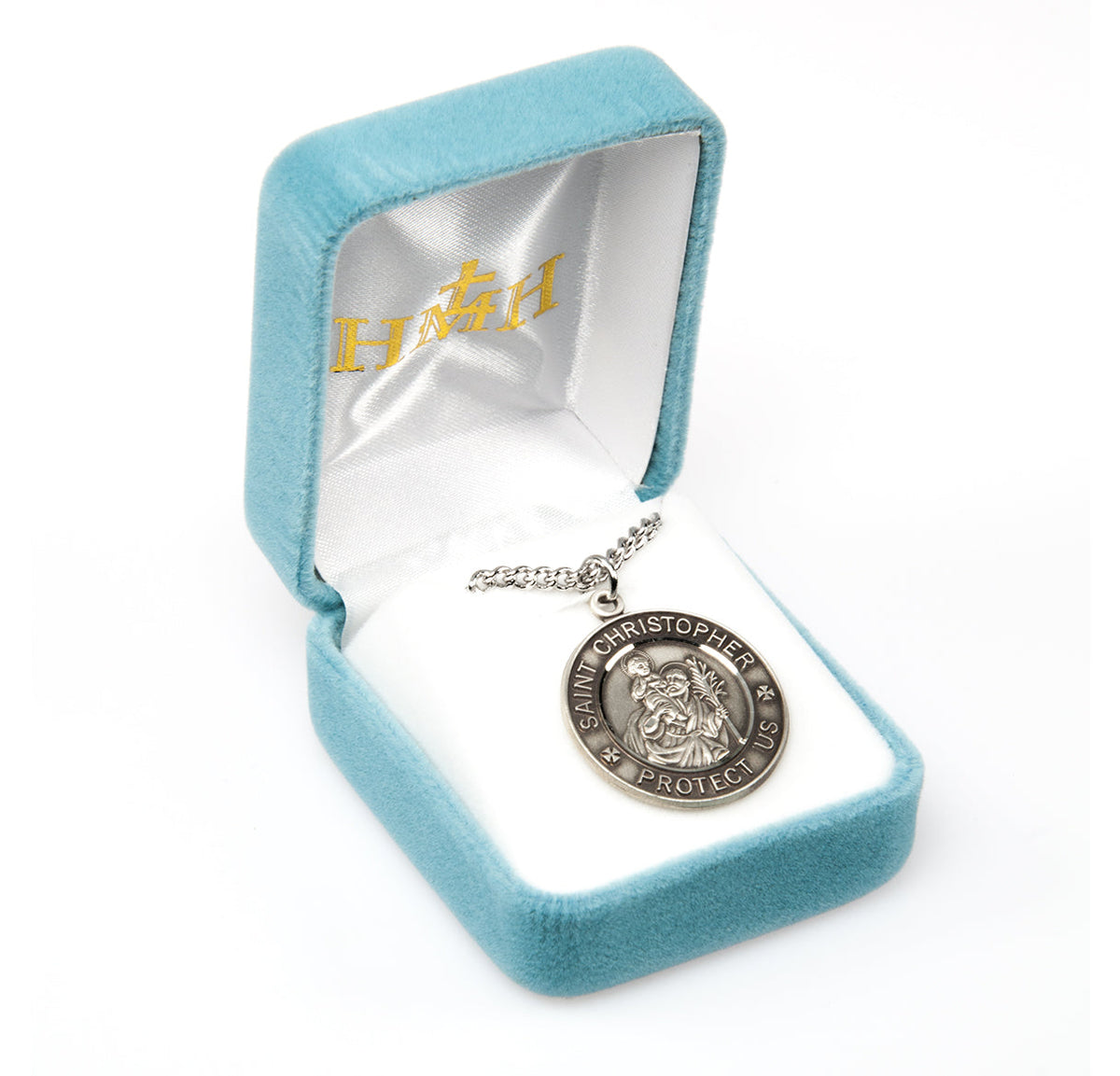 St. Christopher Sterling Silver Medal On A 24" Stainless Chain - Sterling Silver 1 1/8" x 15/16" Round Pendant