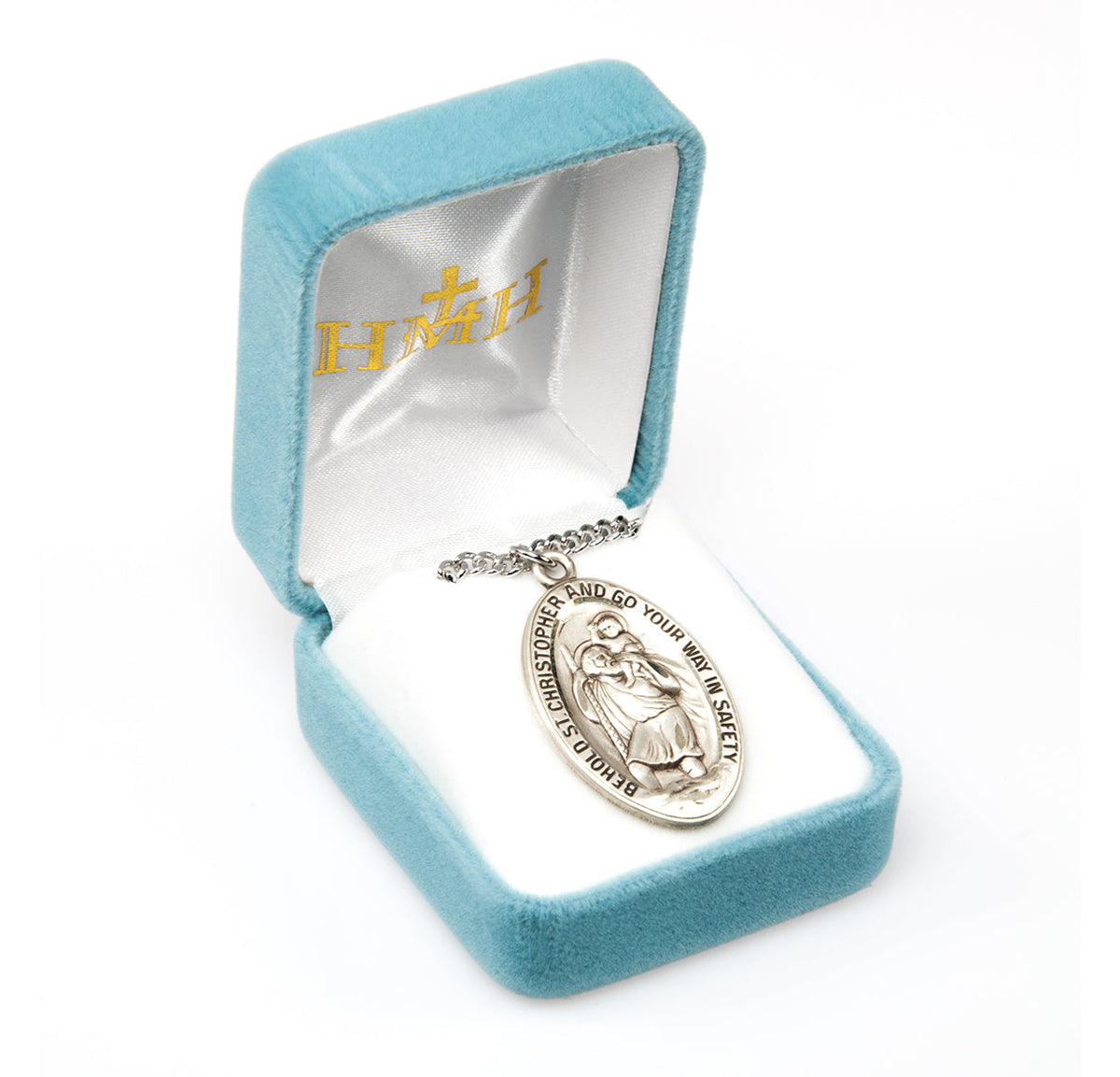 St. Christopher Sterling Silver Medal On A 24" Stainless Chain - Sterling Silver 1 3/8" x 3/4" Oval Pendant