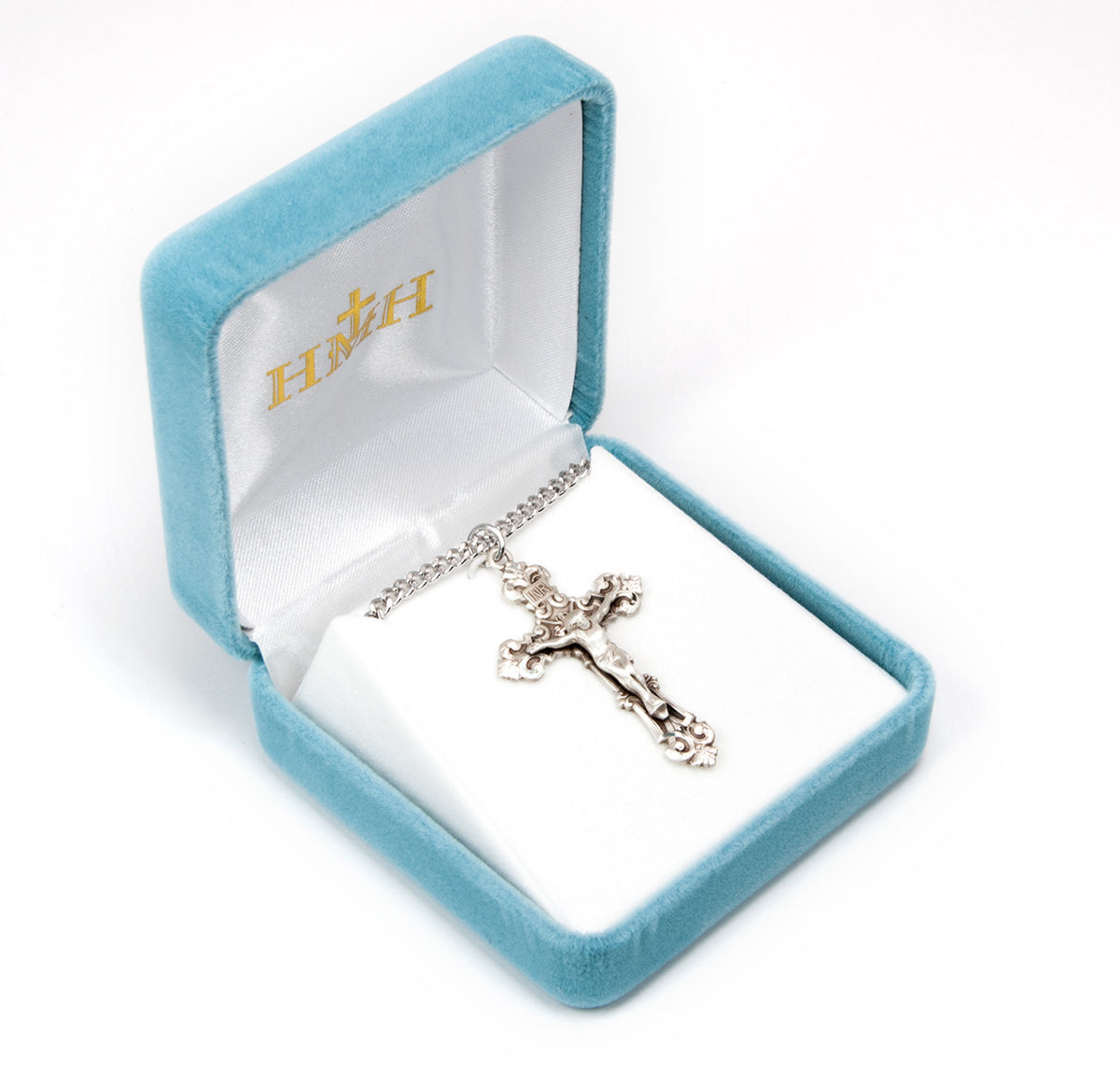 Scroll Relief Crucifix Necklace - Sterling Silver Pendant on 24" Stainless Chain (S15324)