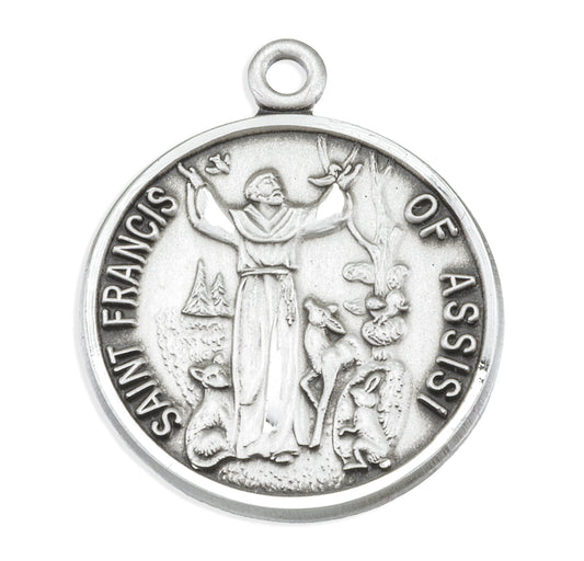 St. Francis of Assisi with Animals Necklace - Sterling Silver Round Pendant on 18" Stainless Chain (S158718)