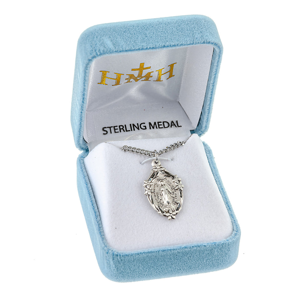Miraculous Medal with Flowers Necklace - Sterling Silver Pendant On 18" Stainless Chain (S313118)