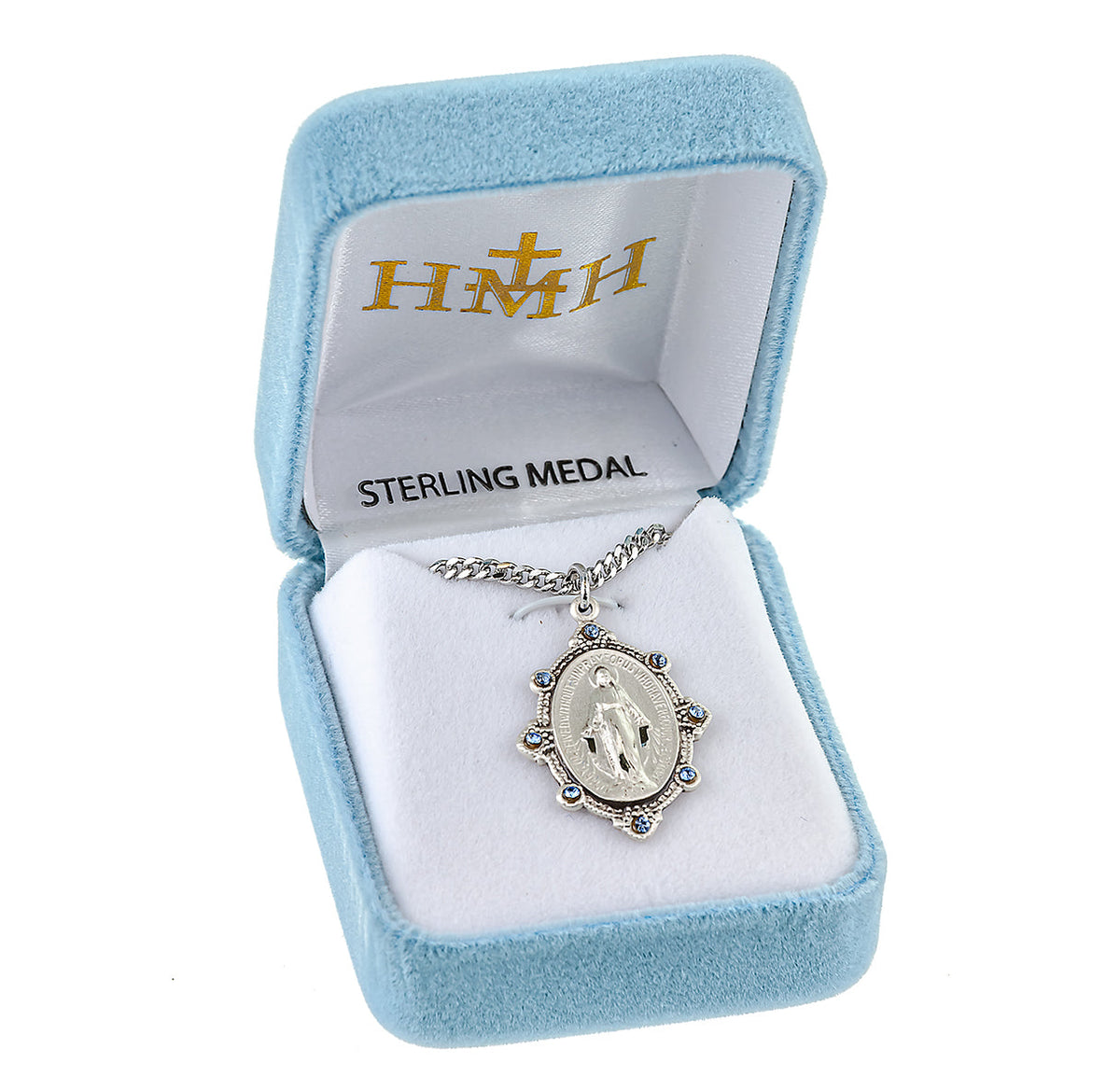 Miraculous Medal With Sapphires Necklace - Sterling Silver Pendant On 16" Stainless Chain (S3188LS18)