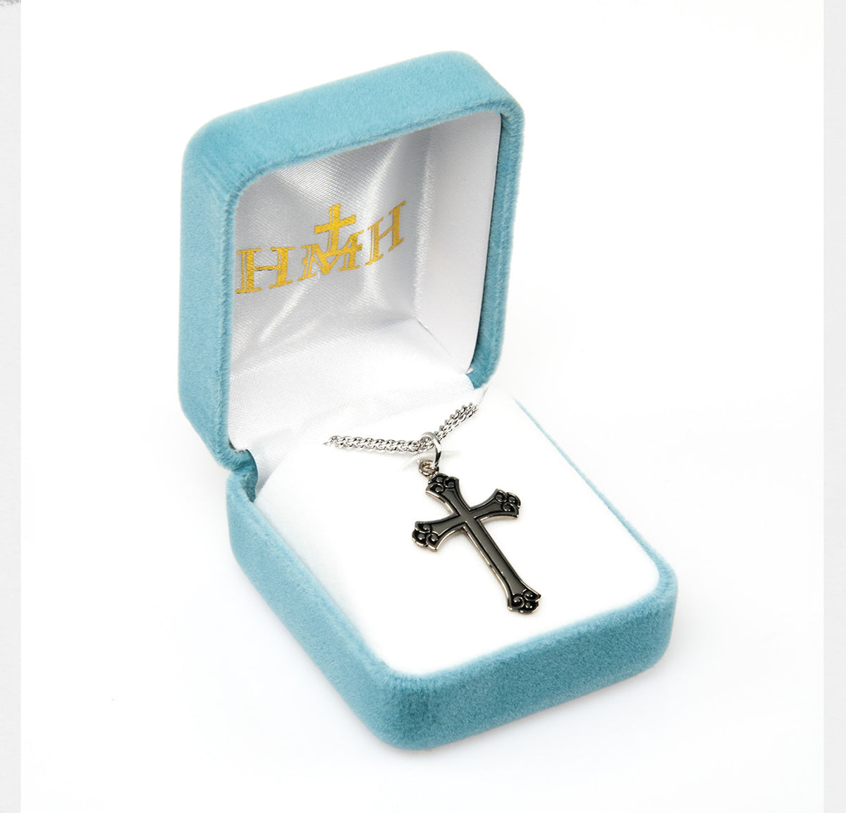 Swirl Tip Black Cross Necklace - Sterling Silver Pendant on 18" Stainless Chain (S3794BK18)