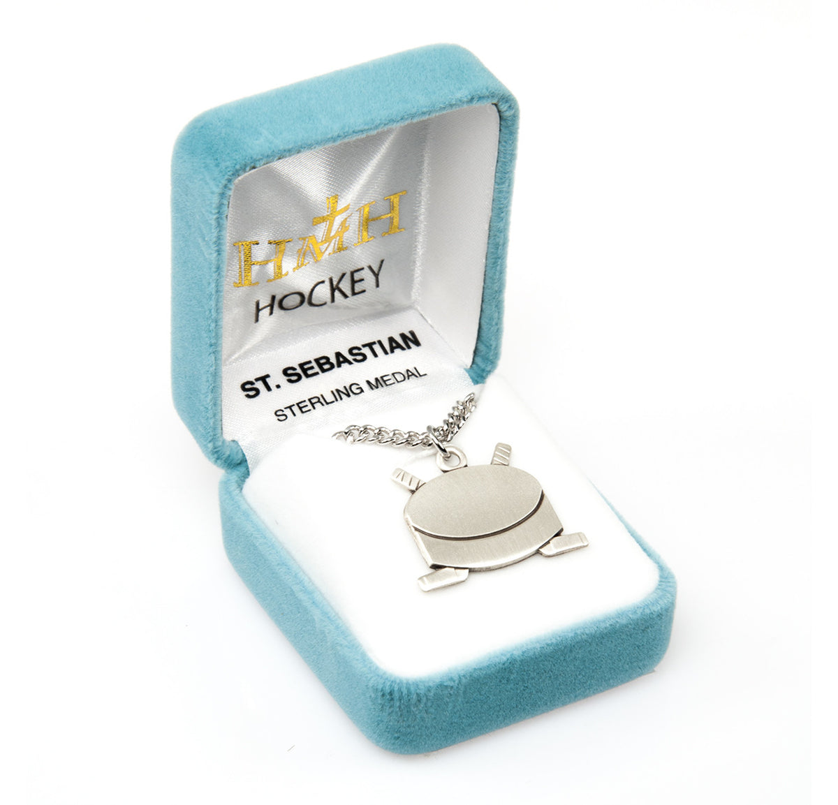St. Sebastian Hockey Puck & Sticks Necklace - Sterling Silver Pendant on 24" Stainless Chain (S704524)