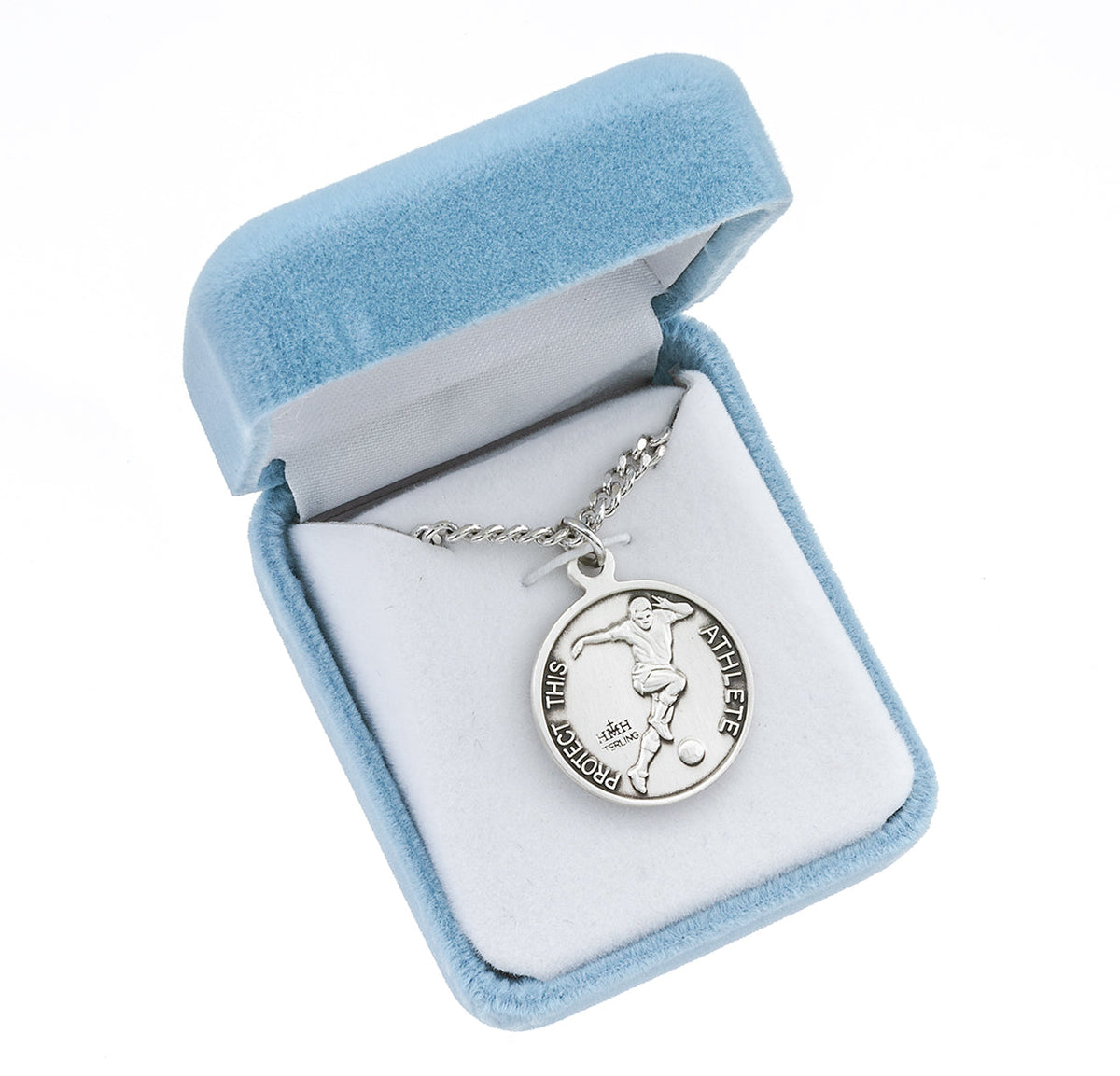 St. Sebastian Boys Soccer Necklace - Sterling Silver Round Pendant on 24" Stainless Chain (S904324)