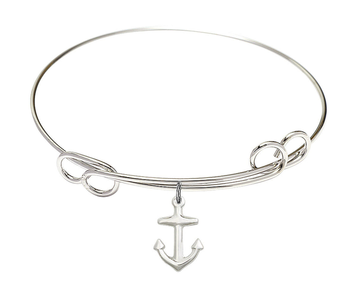 Anchor Double Loop Bangle Bracelet - Sterling Silver Charm