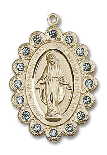 Aqua Bead Encrusted Miraculous Medal - 14kt Gold Oval Pendant 2 Sizes