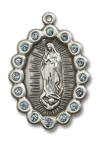 Aqua Bead Encrusted Our Lady of Guadalupe Medal - Sterling Silver Oval Pendant 2 Sizes