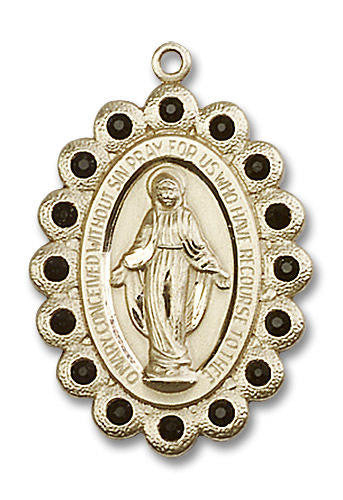 Black Bead Encrusted Miraculous Medal - 14kt Gold Oval Pendant 2 Sizes