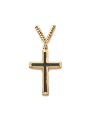 Black Raised Cross Necklace - 24KT Gold Over Sterling Silver Pendant on 24 Gold Plated Chain SX8110VH