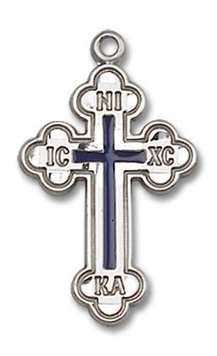 Blue Inlay Russian Cross Pendant - Sterling Silver 7/8 x 1/2 0272ESS