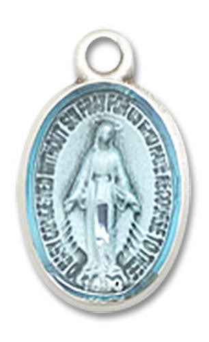 Blue Miraculous Medal Charm - Sterling Silver Oval Pendant 0702EMSS