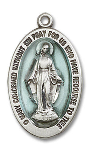 Blue Miraculous Medal - Sterling Silver Oval Pendant 2 Sizes