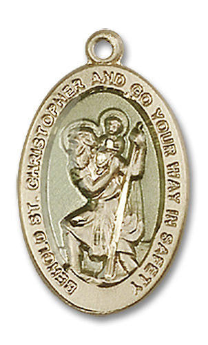 Blue St Christopher Medal - 14kt Gold Oval Pendant 2 Sizes