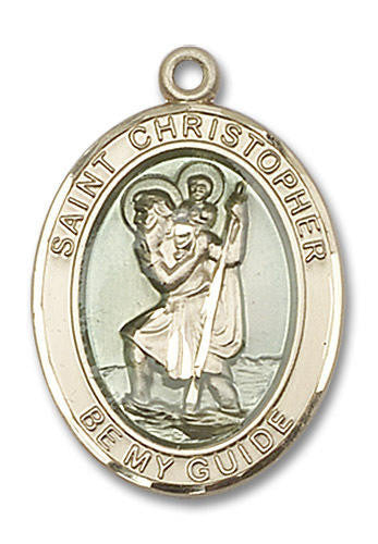 Blue St Christopher Medal - 14kt Gold Oval Pendant 3 Sizes